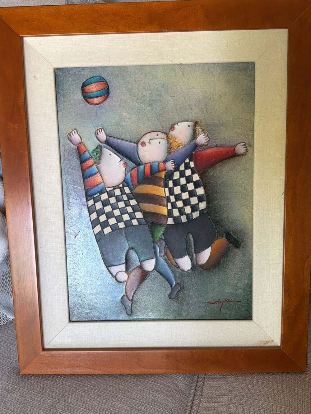 Joyce Roybal Whimsical Children Playing Ball Oil Painting Framed